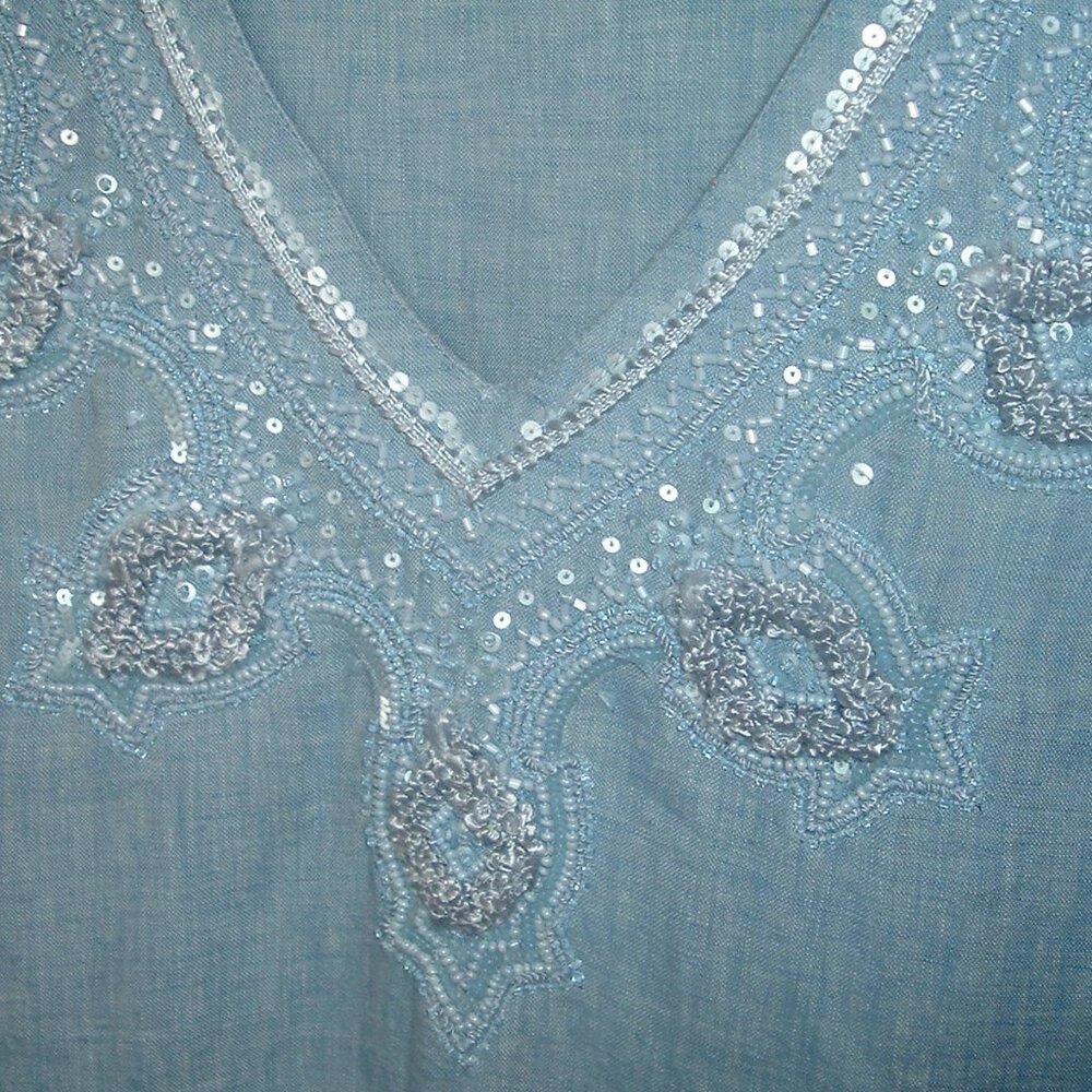 Charter Club Luxury 100% Linen Tunic Top Long sleeve Blouse Embroidery Blue XL - Picture 3 of 5